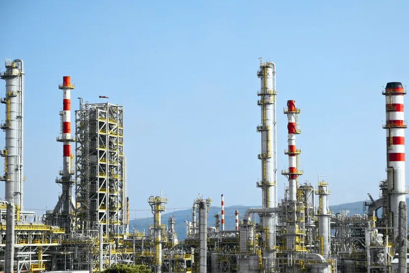 Colunas de processo, chaminés listradas de vermelho e branco e estruturas com escadas amarelas numa refinaria, sob céu azul