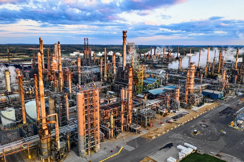 Vista aérea de uma refinaria: colunas de destilação, fornos, chaminés e racks de tubulação, com vapor saindo de algumas unidades