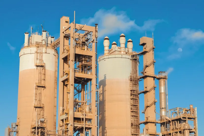 Duas torres de prilling de ureia e a estrutura metálica entre elas, numa planta química, contra o céu azul